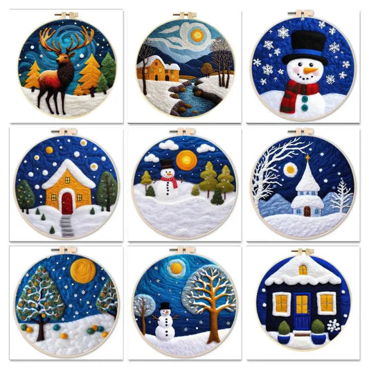 Nine needle felted snowy Christmas designs including an elk, snowman, and other starry night scenes.