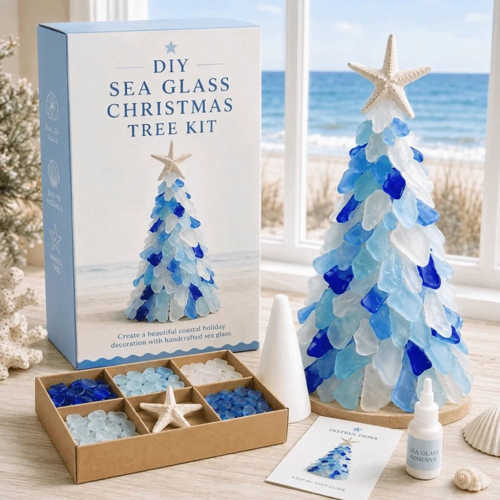 DIY Sea Glass Christmas Tree Kit shown with its product box, a completed blue and white sea glass tree, a tray of glass beads and instructions