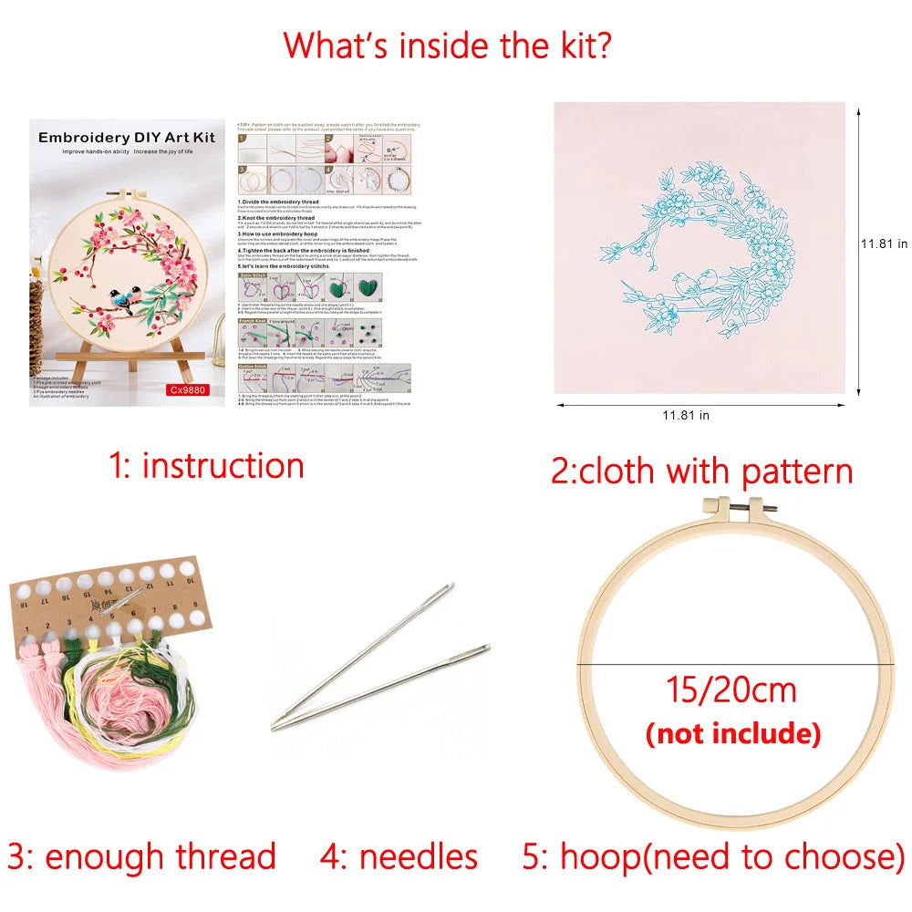 Embroidery DIY art kit with components listed and measurements shown.