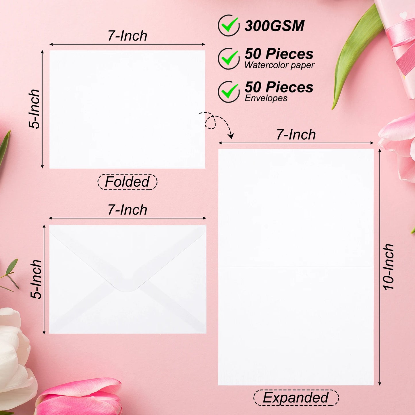 50 Set 300gsm Cotton Postcard Watercolor Paper Cards with Envelopes
