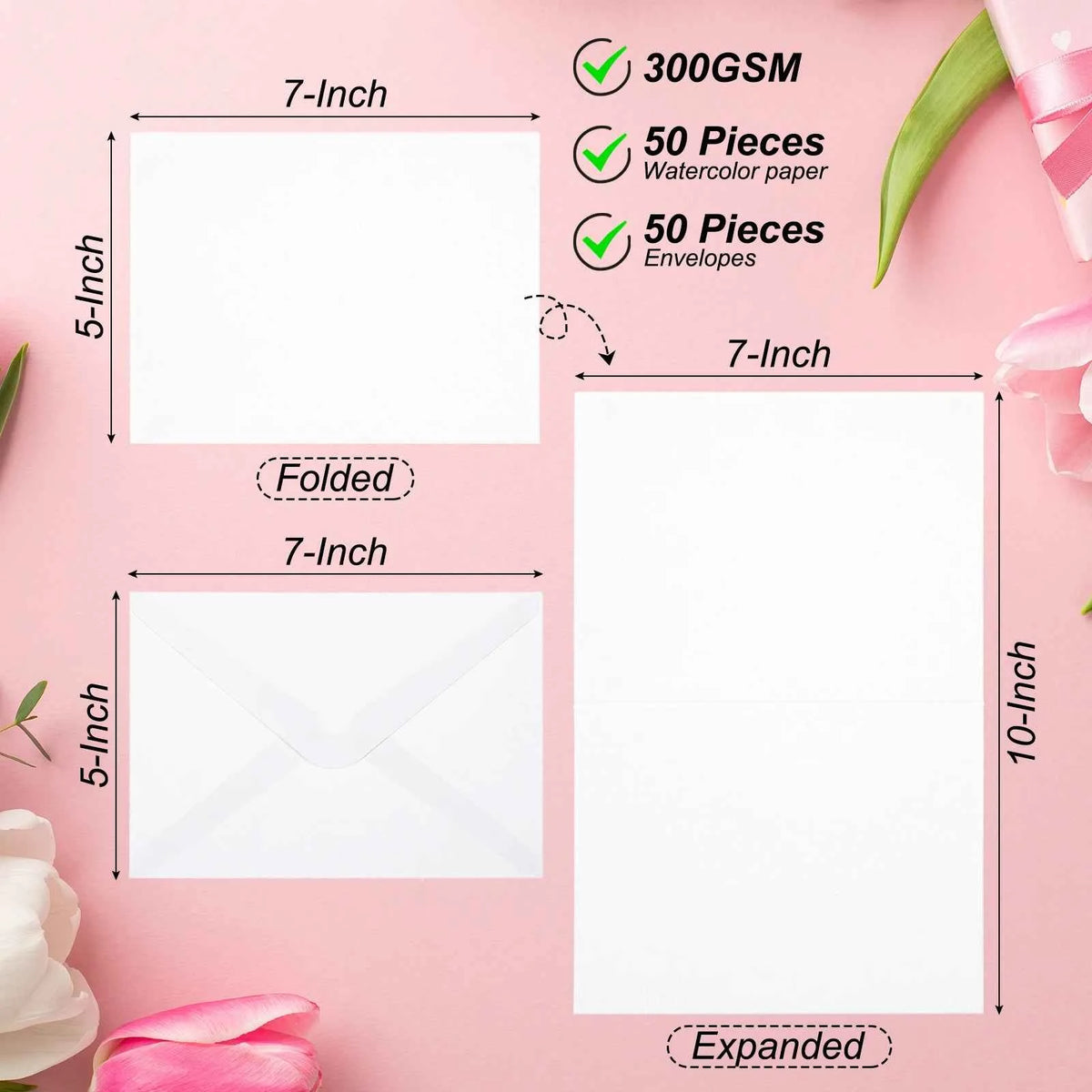 50 Set 300gsm Cotton Postcard Watercolor Paper Cards with Envelopes 5x7"