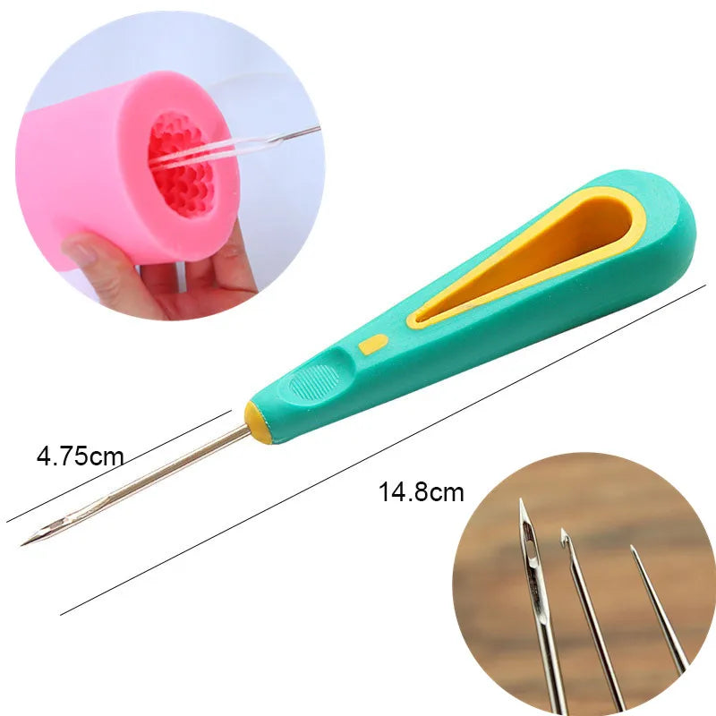 Colorful wick threader with measurements and close-up details of needle tips