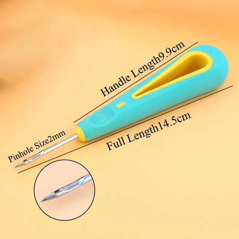 Teal and yellow wick threader tool with measurements 