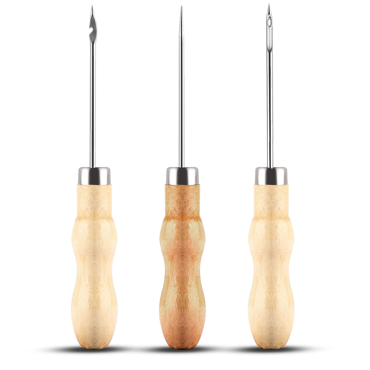 Three candle drills with two sizes for threading wicks and one awl