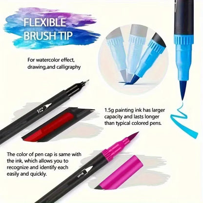 Double-Ended Watercolor Pens  - Brush-pen and Hard-tip Ends - Available in sets of 12/36/48/60 Vibrant Colors