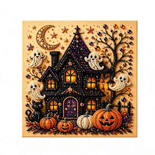 Halloween Pearl Art Kit, High-Gloss Bead Diamond Art in Pumpkin Tree or Ghost Castle