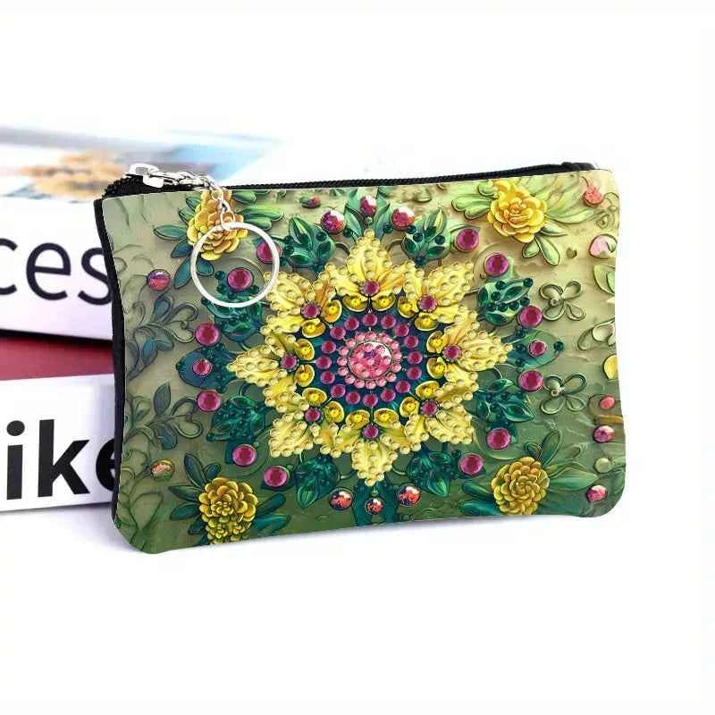 Floral Diamond Art Coin Purse, Small Zippered Leather Bag, 4 Designs