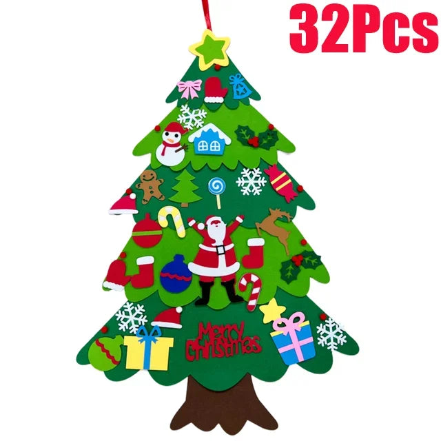 A Christmas tree-shaped felt hanging ornament decorated with colorful holiday cutouts including Santa, snowflakes, candy canes, gifts, holly, and a yellow star