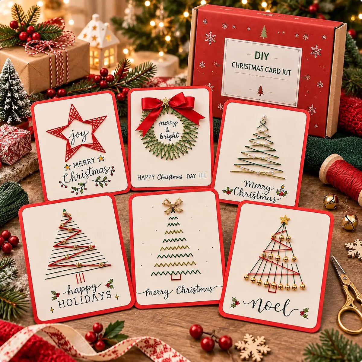 Merry & Bright Christmas Card Making Kit – Embroidered Stitch Cards, 3 Styles