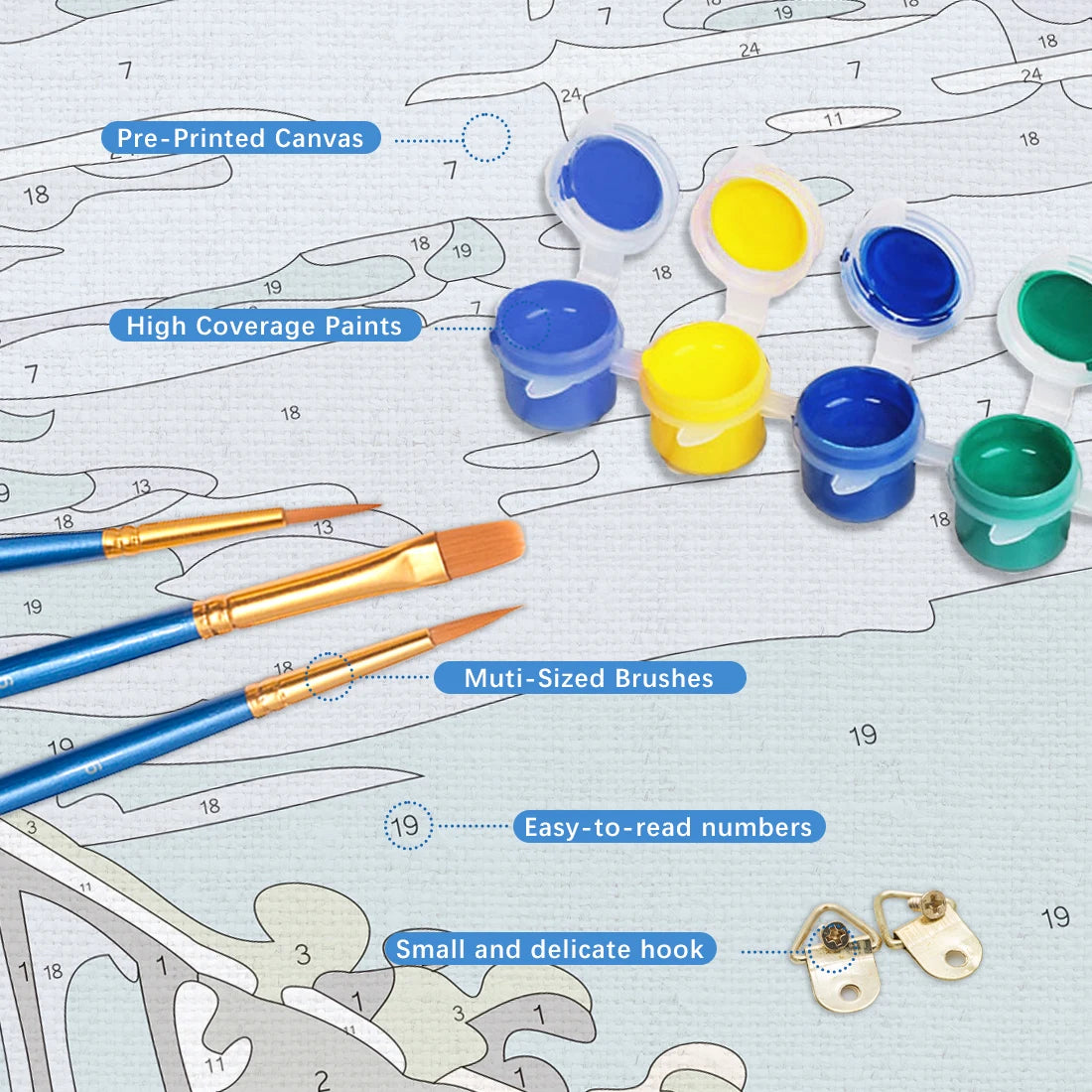 Painting supplies including brushes, paint containers, and a pre-printed canvas with numbered shapes.