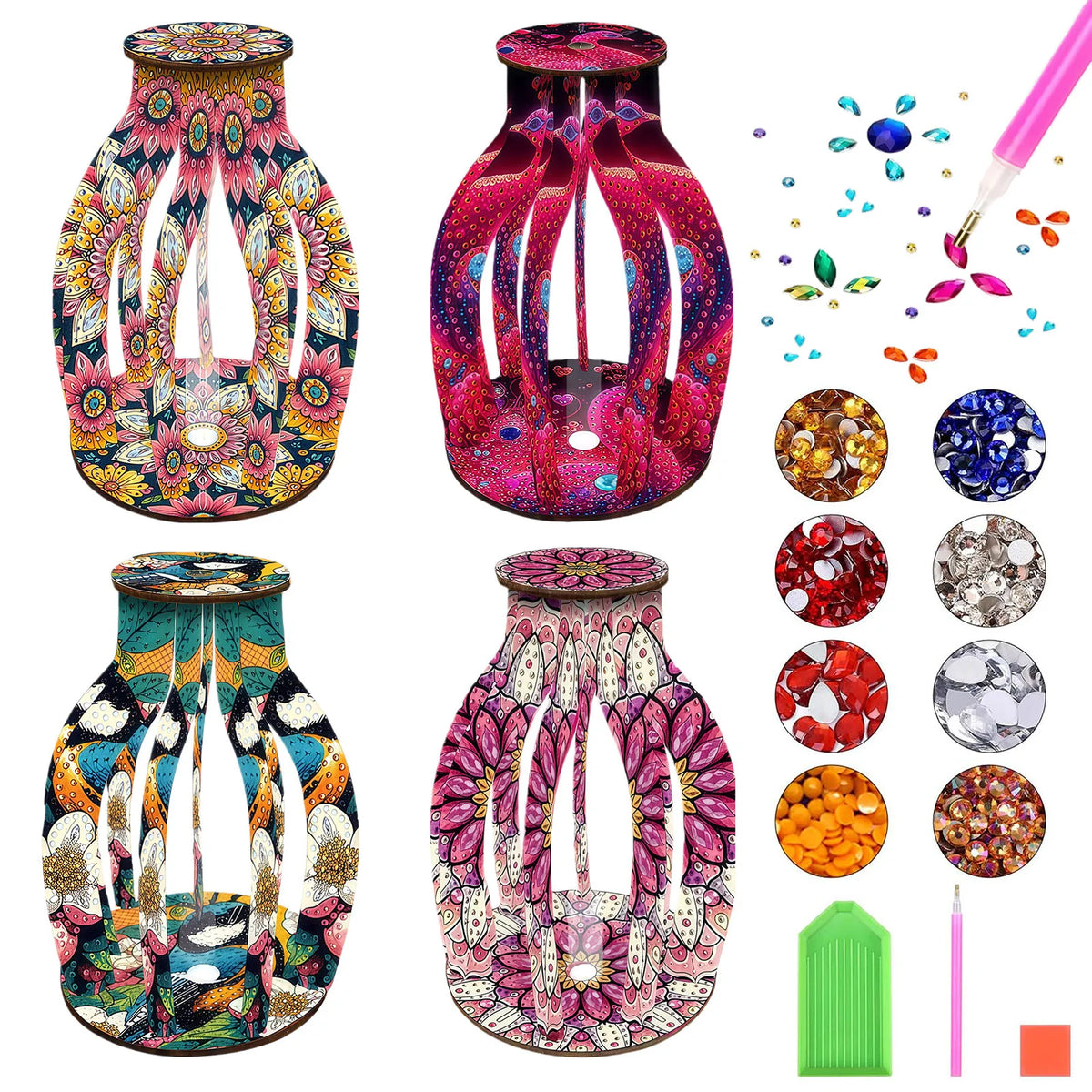 Four colorful diamond painting canvas vase designs, shown with a pink diamond applicator pen, loose rhinestones, and a green plastic tray, and glue