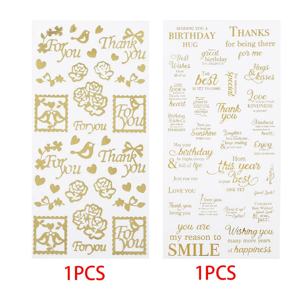 Two sheets of gold foil stickers  each labeled 1PCS. The left sheet features floral and bow designs with For you and Thank you text. the other sheet has birthday wishes of different kinds