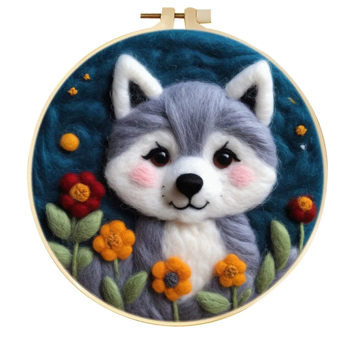 A circular hoop featuring a needle felted fluffy gray and white wolf design surrounded by colorful orange flowers on a dark blue background