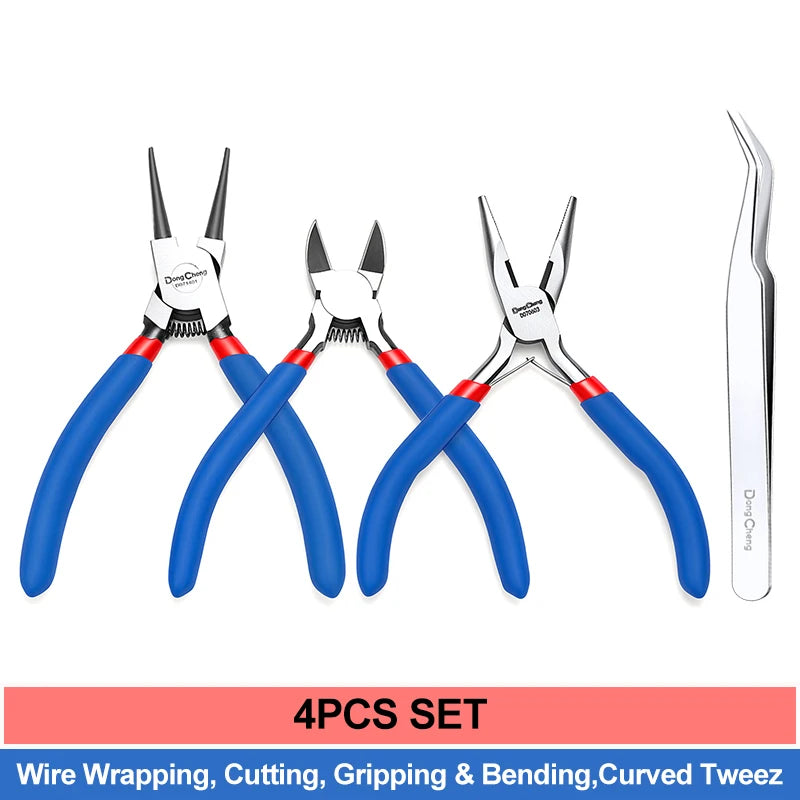 Set of 3 pliers wire wrapping, cutting, gripping with blue handles and one set of curved tweezers