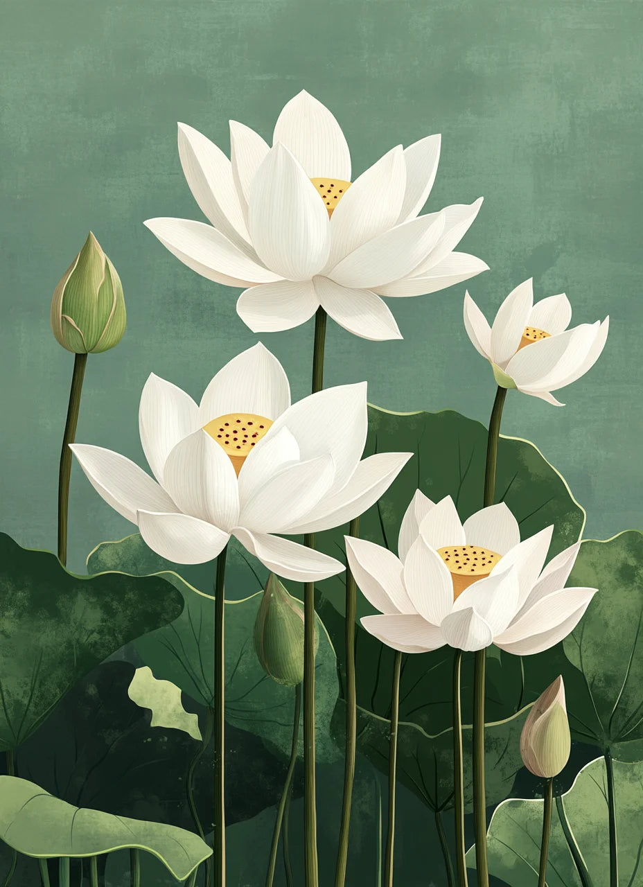 Illustration of white water lilies with green leaves 