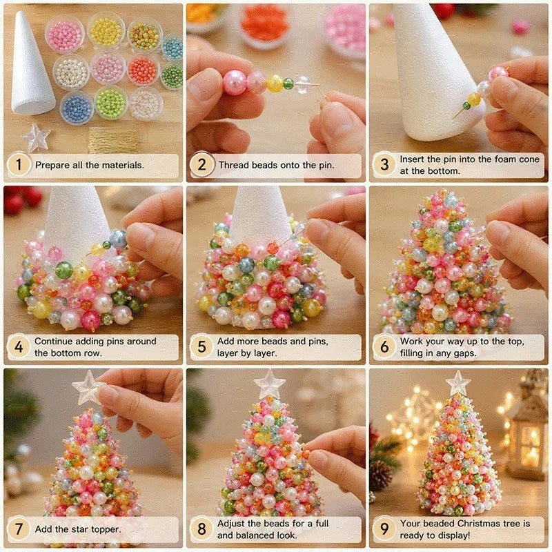 A 9-step collage showing how to build a beaded Christmas tree. The steps include preparing materials, threading beads onto a pin, inserting it into a foam cone, and adding layers of colorful beads and pins to create a tree shape.