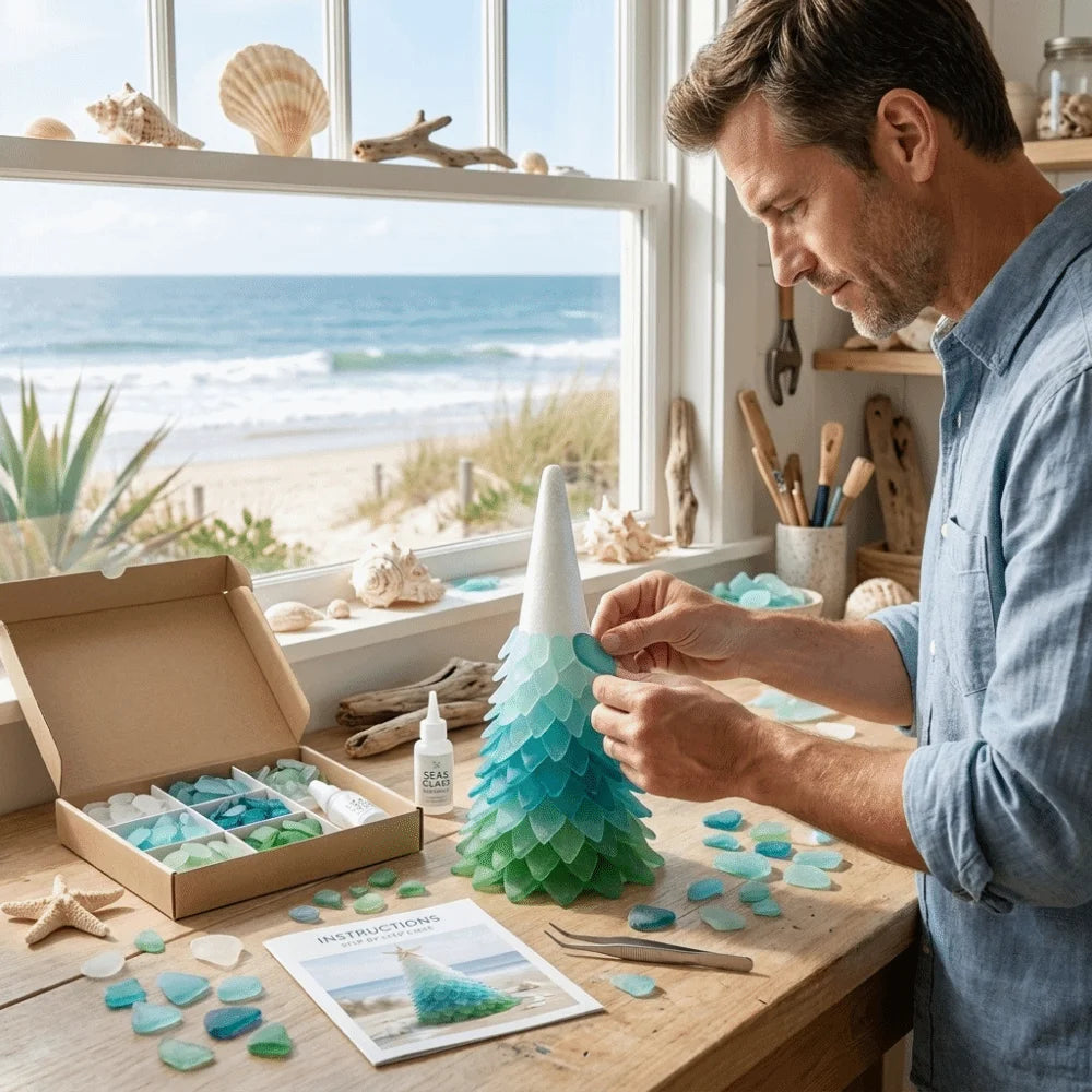 A man at a wooden table by a beach window assembles a decorative gradient stone Christmas tree. An open cardboard box filled with blue and green sea glass sits beside him, along with a small bottle, tweezers, and an instruction sheet.