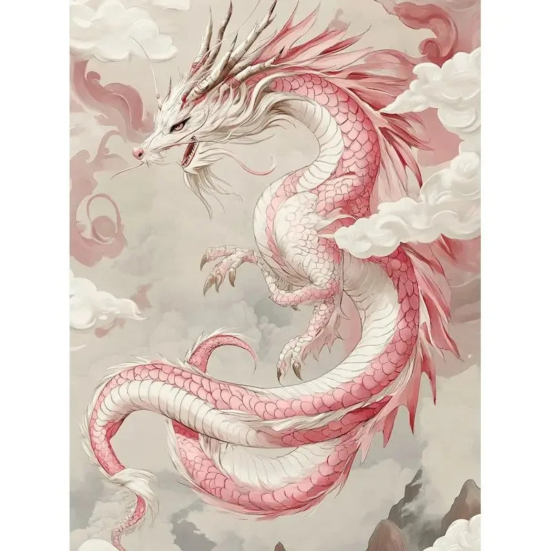Pink and white dragon in a cloud-filled sky