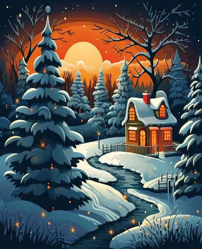 Snowy Christmas Tree Paint by Numbers Kit – Winter Landscape, 5 Designs, Framed or Unframed