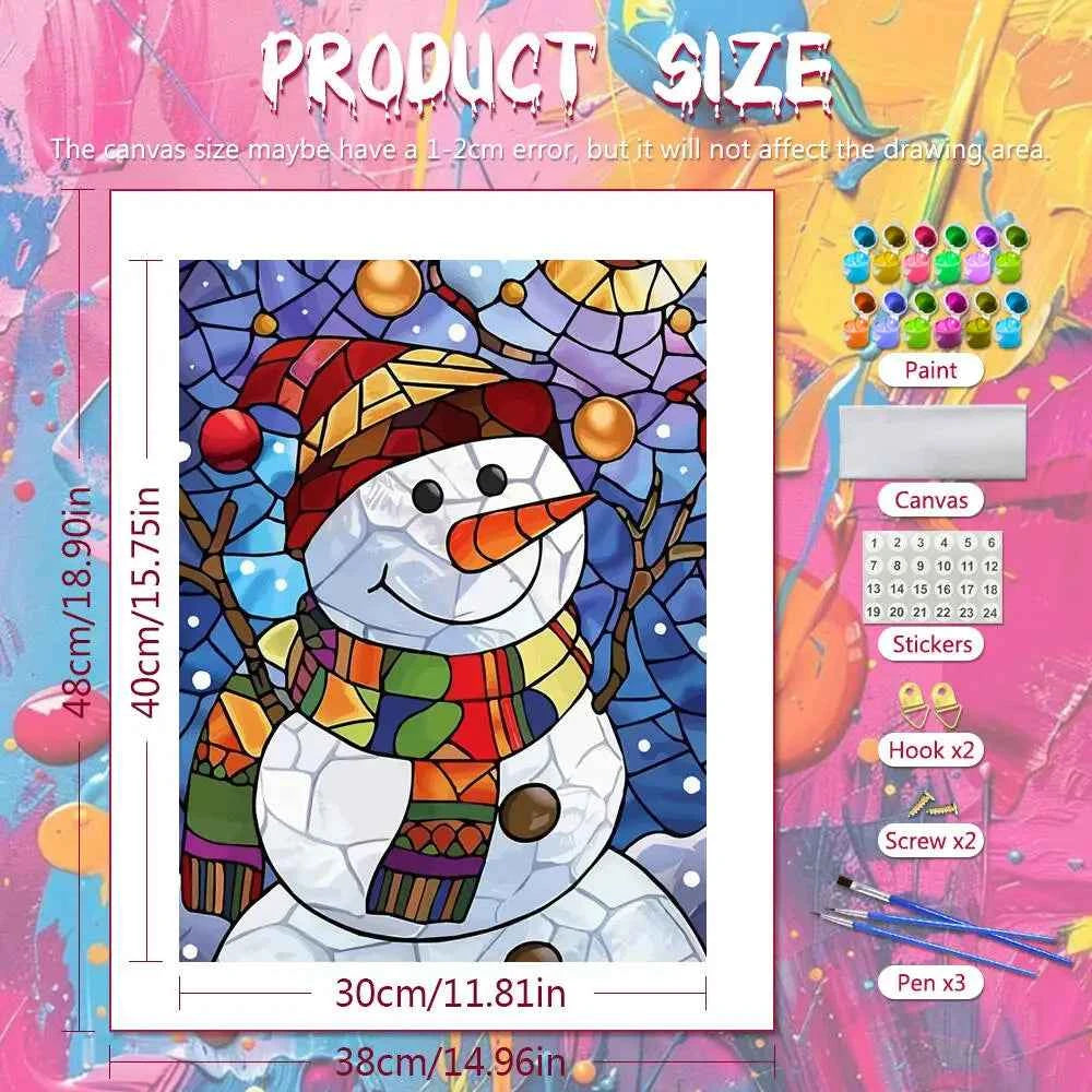 Stained Glass Snowman Paint by Numbers Kit for Adults – Colorful Christmas Canvas, 3 Sizes