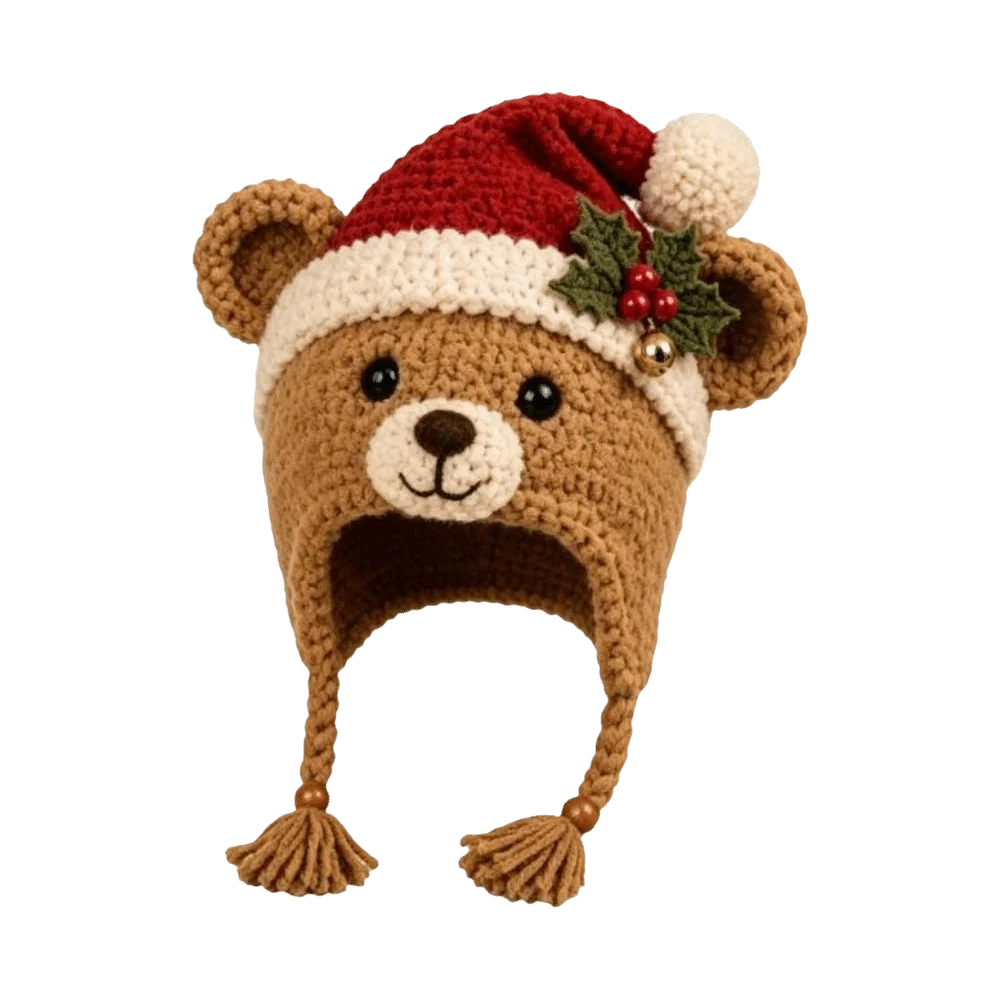 A crocheted teddy bear hat with a Santa hat, featuring a brown bear face, cream-colored snout and pom-pom, and a red Santa hat with holly and a small gold bell, set against a plain white background.