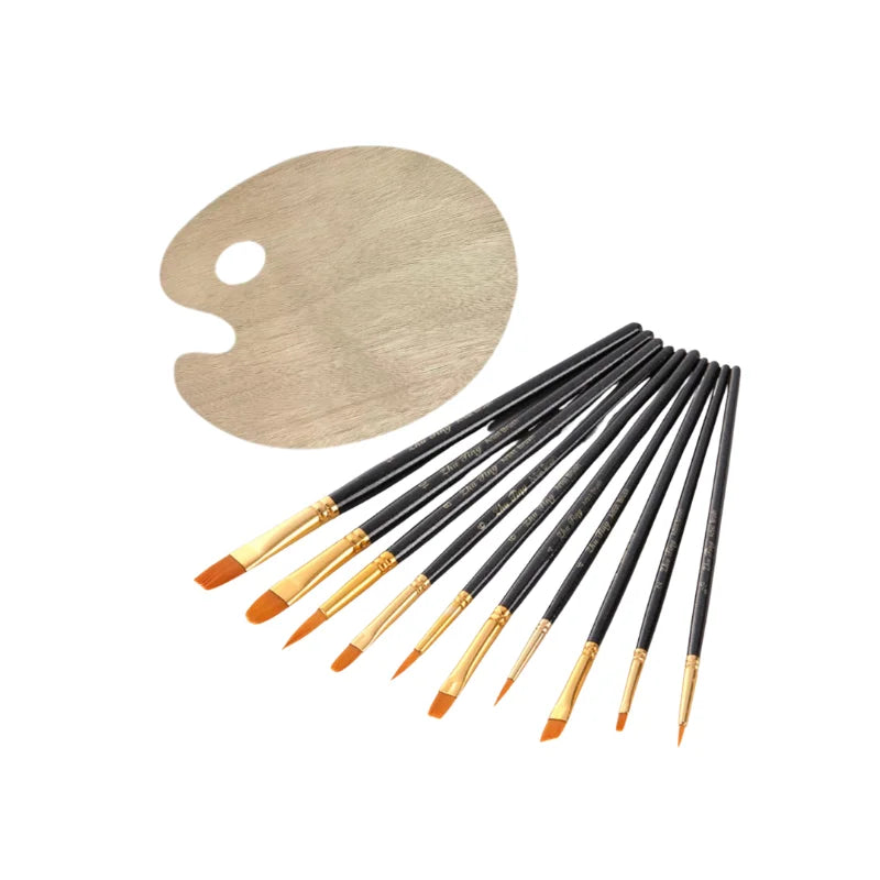 10Pcs Colorful Plastic Handle Paint Brushes & Wooden Palette Set, for Acrylic, Watercolor