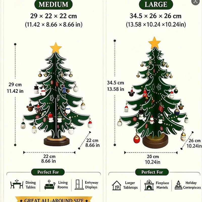 A size comparison chart showing two versions of a decorative Christmas tree: a smaller MEDIUM version (29 x 22 x 22 cm) and a larger LARGE version (34.5 x 26 x 26 cm), with dimensions, star ratings, and usage suggestions like dining tables, living rooms, and fireplace mantels.