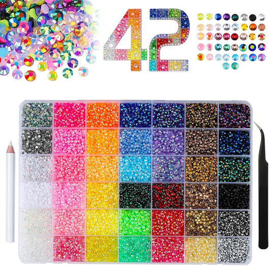 42 different color resin jelly rhinestones, 3mm or 4mm flat bottomed sparkling gemstones, comes with tweezers