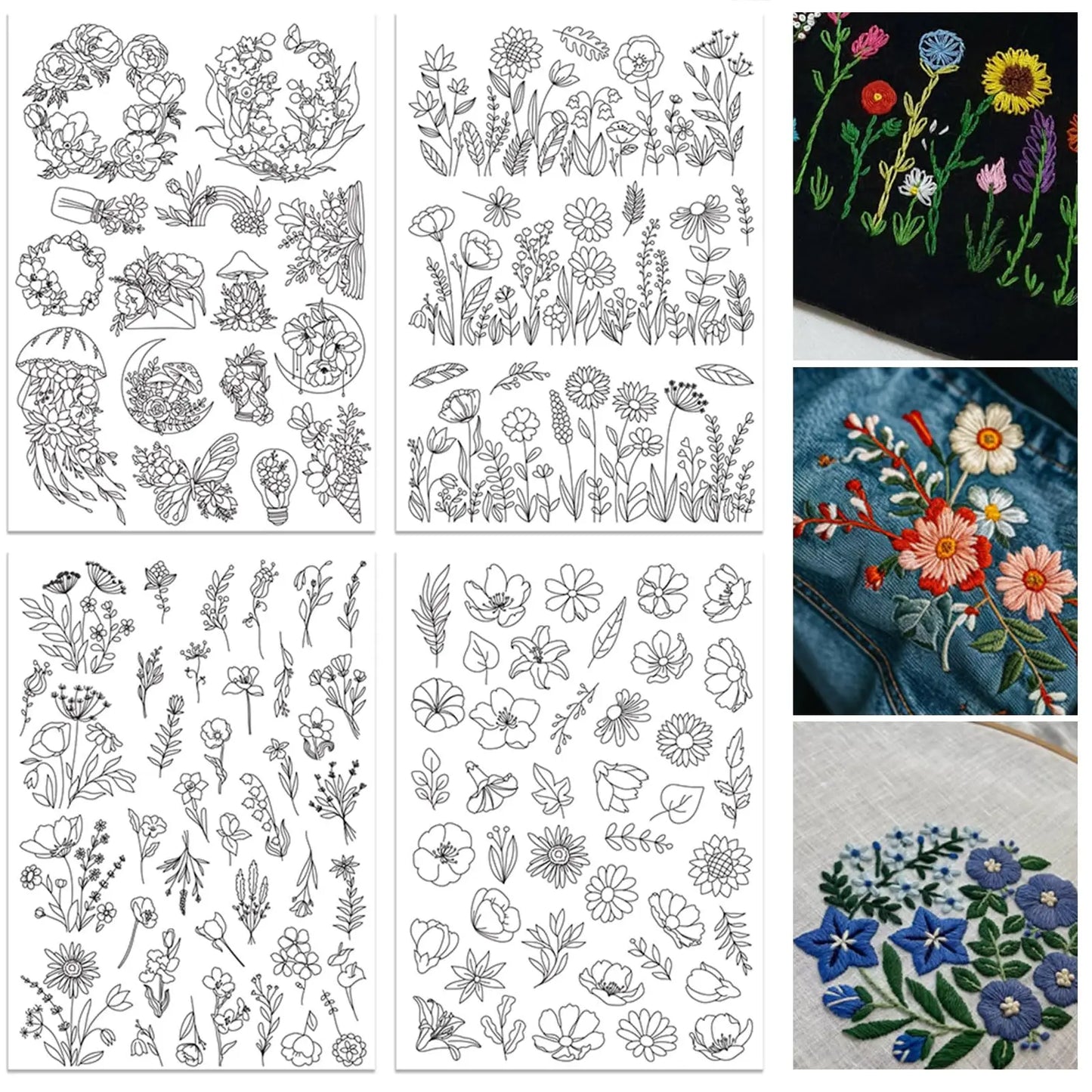 4-Sheets Large Embroidery Pre-Printed Floral, Plant & Bonsai Designs on Water-Soluble Stick & Stitch Paper