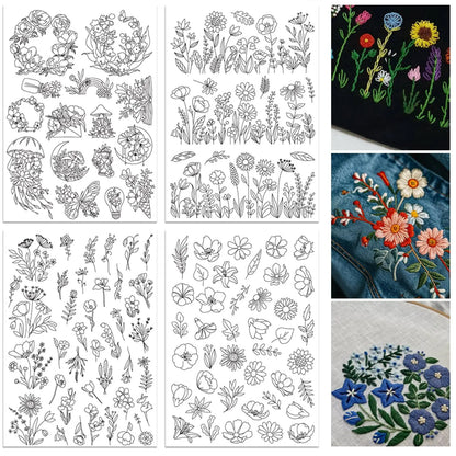 4-Sheets Large Embroidery Pre-Printed Floral, Plant & Bonsai Designs on Water-Soluble Stick & Stitch Paper
