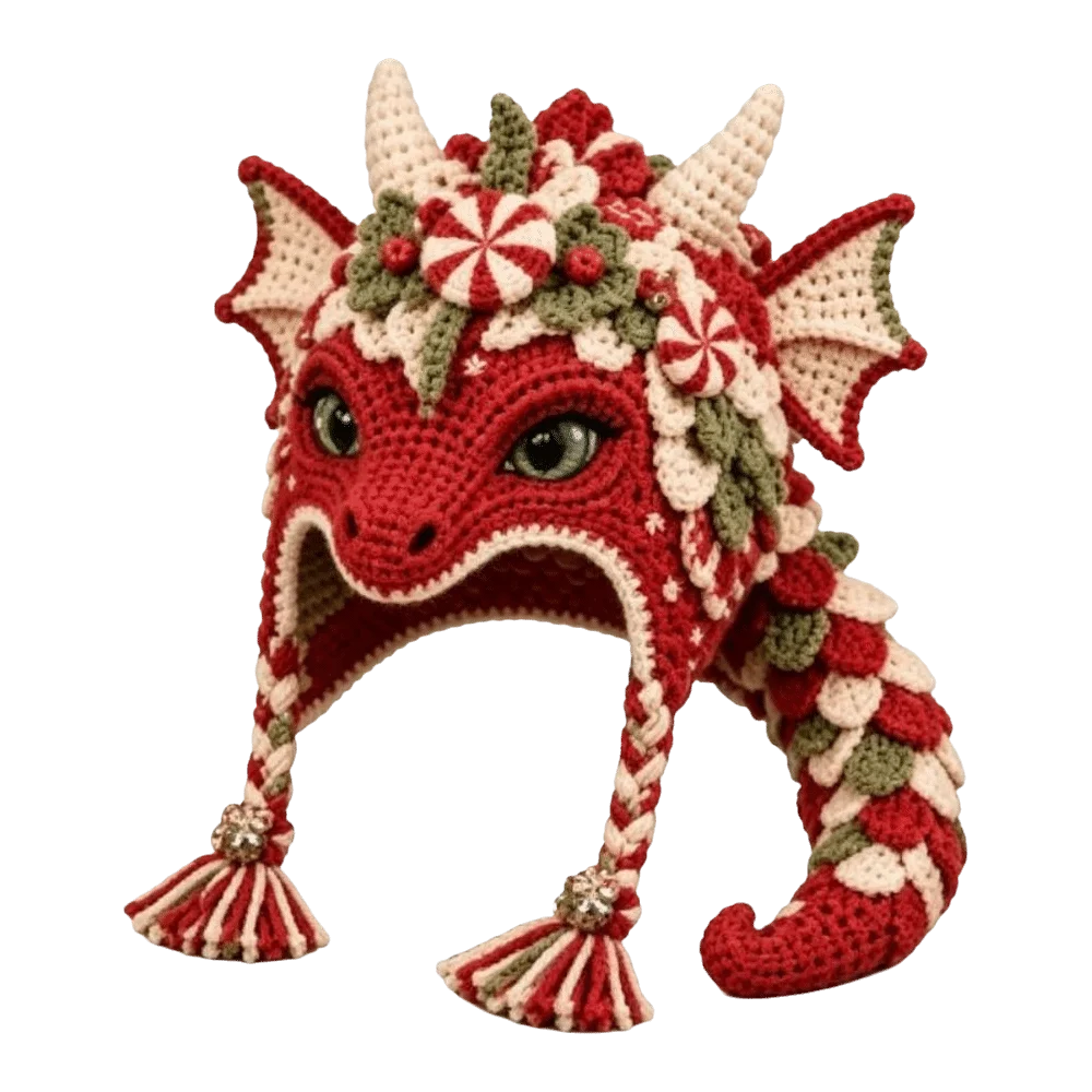 A hand-crocheted dragon hat featuring a festive holiday theme with red and cream sections, decorated with green leaves, red and cream candy canes, and a braided tail with tassels.