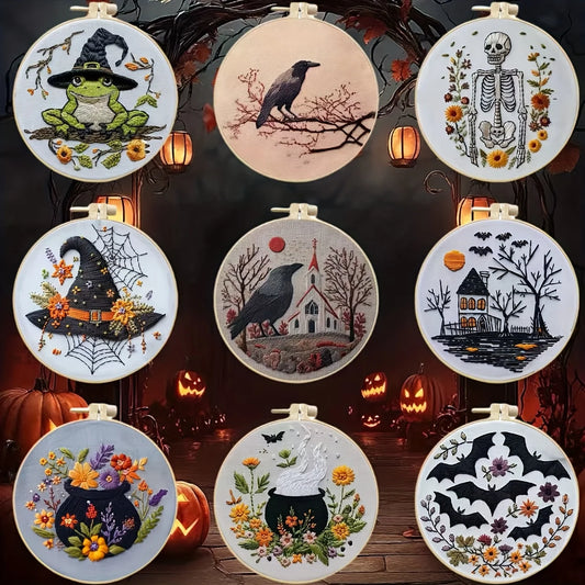 Halloween Hand Embroidery Kit, 8 Spooky Designs with Needles and Thread