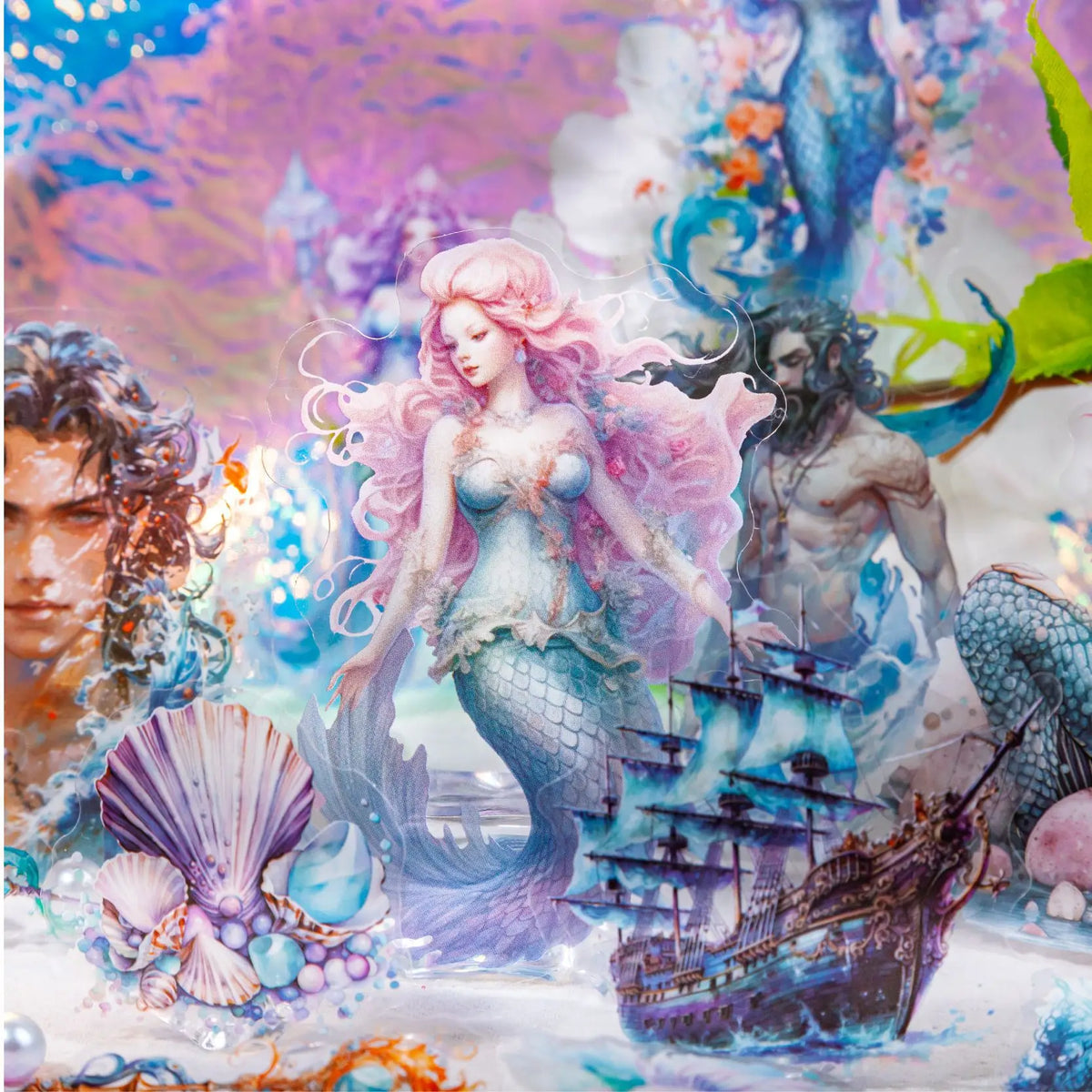 Fantasy scene with mermaid, ship, and mythical creatures in a colorful underwater setting