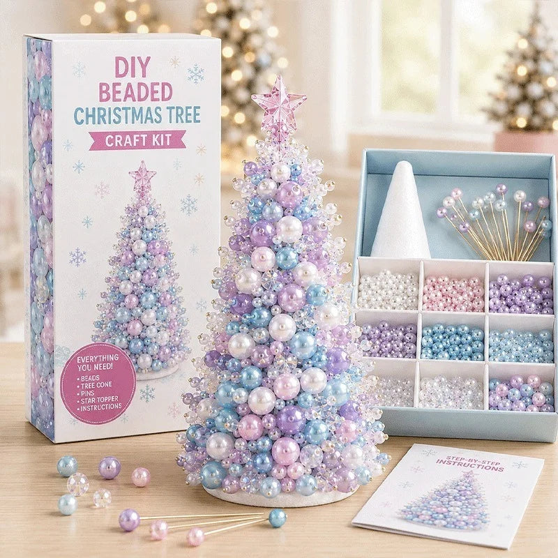 DIY Beaded Christmas Tree Craft Kit shown with its retail box, a decorated example tree, an open tray of beads in blue, white, pink, and purple and an instruction booklet