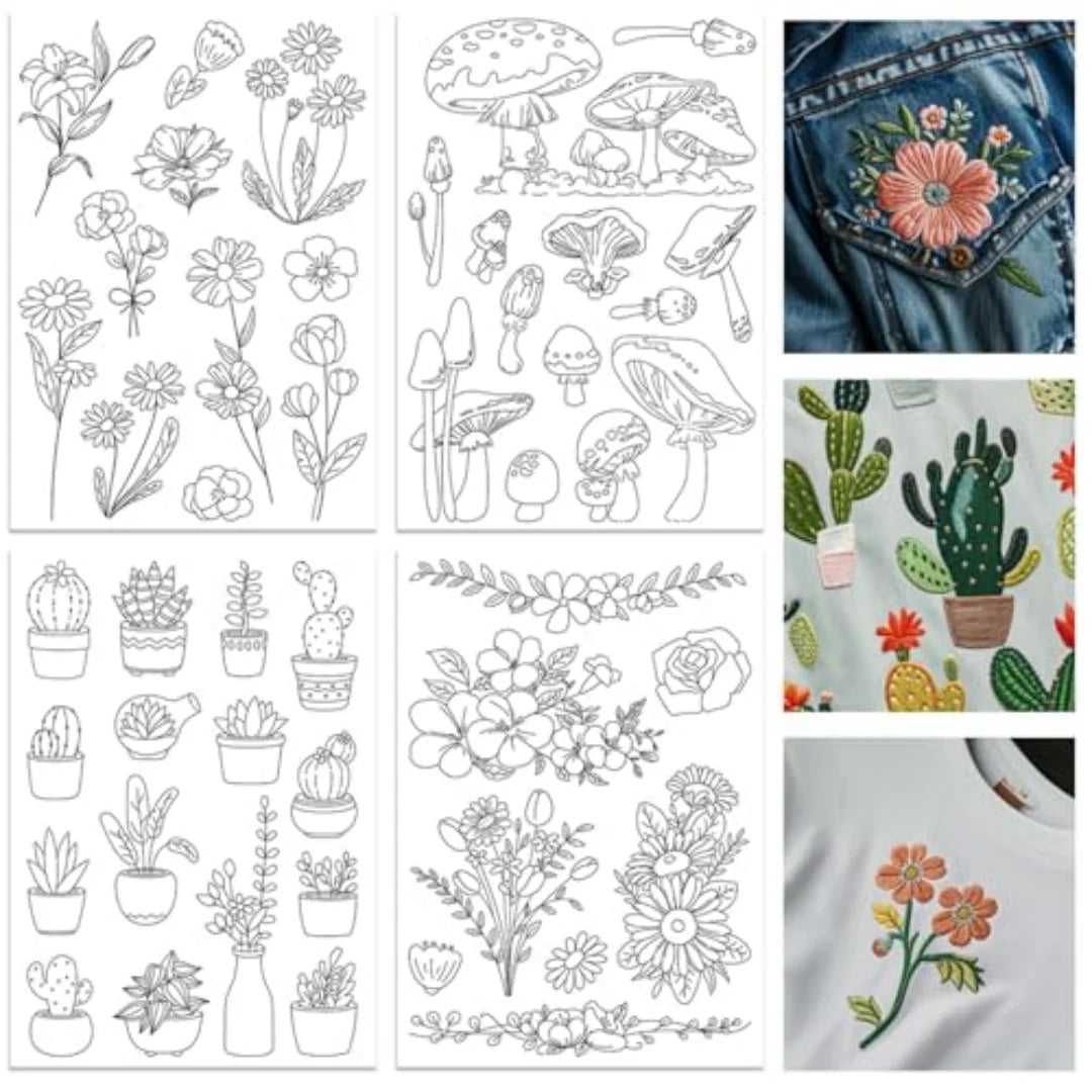 4-Sheets Large Embroidery Pre-Printed Floral, Plant & Bonsai Designs on Water-Soluble Stick & Stitch Paper