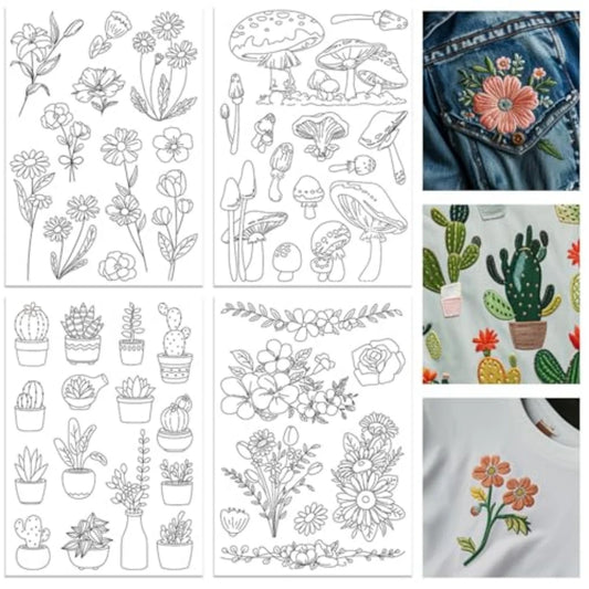 4-Sheets Large Embroidery Pre-Printed Floral, Plant & Bonsai Designs on Water-Soluble Stick & Stitch Paper