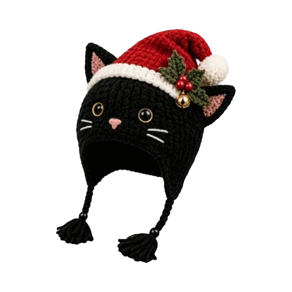 A black crocheted cat-shaped winter hat with a red Santa hat, white trim, pink inner ears, embroidered cat face details, and a small holly sprig with a gold bell on the side, shown on a plain white background.
