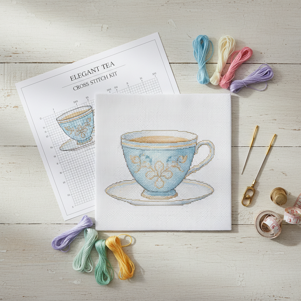 Elegant Tea Cup Cross Stitch Kit flatlay